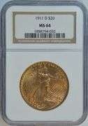 Scarce Nearly Gem BU 1911-D St. Gaudens $20 Gold Piece. NGC MS64