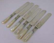 6 Antique Mother of Pearl & Sterling Cuff Dinner Knives