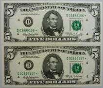 (2) Superb Crisp 1969A $5 Star Replacement Notes Cleveland-Consecutive!