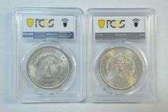 Lovely near Gem BU 1884-O & 1885-O Morgan Silver Dollars. PCGS MS64