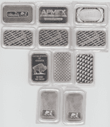 Ten attractive assorted 1 Troy Oz pure .999 fine silver bars in plastic