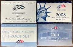 Great lot of 4 valuable Proof Sets 2007 to 2010. Box/COA's