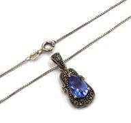 Vintage 925 sterling silver blue stone and marcasite pendant on box chain necklace