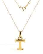 14kt Yellow gold T Charm pendant on chain