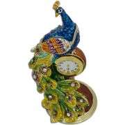 Peacock on Clock Trinket Box Gold-Plated with Crystals