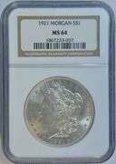 Near Gem BU 1921 Morgan Silver Dollar. NGC MS64