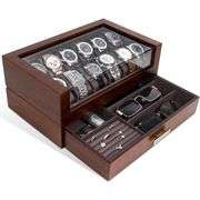 12-Slot Wooden Watch Display Case with Drawer
