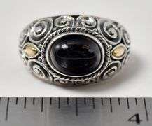 Black Star Sapphire Gemstone Ring in Sterling Silver with 18K Yellow Gold Plating