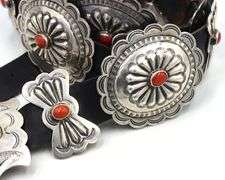 Vintage Native American Navajo morgan coral sterling silver concho belt