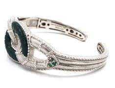 Judith Ripka sterling silver Green chalcedony emerald hinged cuff bracelet