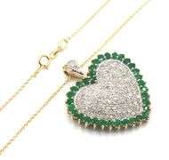 10kt Yellow gold pave diamond emerald halo heart shaped pendant on chain