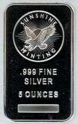 Lovely Sunshine Mining pure .999 Fine Silver 5 Troy Oz bar in plastic