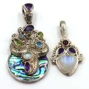 Lot of 2 925 sterling silver Sajen amethyst, abalone and blue topaz pendants