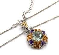925 Sterling silver signed multi color stone pendant on chain