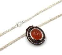 925 Sterling silver signed orange Jade pendant on double chain necklace