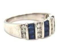 14kt White gold baguette blue sapphire and diamond wide band
