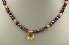 Garnet and Citrine beaded necklace with Citrine tear drop pendant