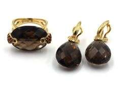 Set of 925 sterling silver smokey quartz dangle earrings and matching ring