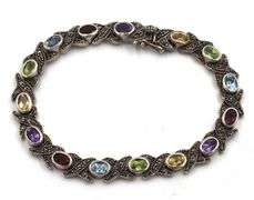 Vintage 925 sterling silver signed multi color stone link bracelet