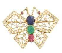 Ruby Sapphire Emerald Cabochon and 0.35ctw Diamond Butterfly Brooch Pendant in 14K