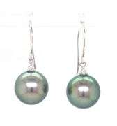 10kt White gold 12mm Tahitian pearl drop and diamond dangle earrings