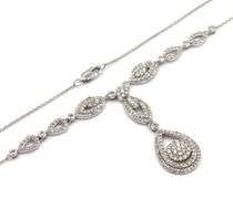 14kt White gold 1.95ctw double halo tear drop cluster diamond necklace
