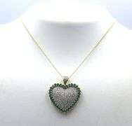 10kt Yellow gold pave diamond emerald halo heart shaped pendant on chain