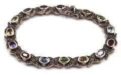 Vintage 925 sterling silver signed multi color stone link bracelet