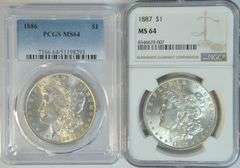 Near Gem BU MS64 1886 (PCGS) & 1887 Morgan Silver Dollars.