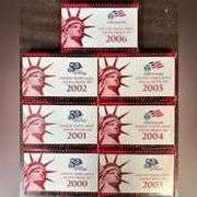 Great run of all 7 SILVER Proof Sets from 2000 to 2006. Red Boxes & COA