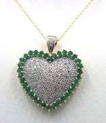 10kt Yellow gold pave diamond emerald halo heart shaped pendant on chain