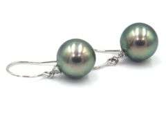 10kt White gold 12mm Tahitian pearl drop and diamond dangle earrings