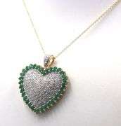 10kt Yellow gold pave diamond emerald halo heart shaped pendant on chain