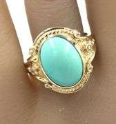 14kt Yellow gold oval turquoise and diamond accent ring