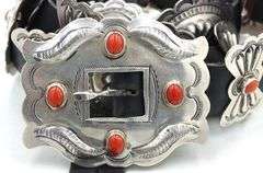 Vintage Native American Navajo morgan coral sterling silver concho belt