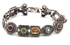 Vintage 925 sterling silver signed multi color stone link bracelet
