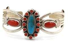 Vintage 925 sterling silver turquoise and coral cuff bangle