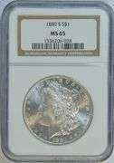 Solid Gem BU 1880-S Morgan Silver Dollar. NGC MS65