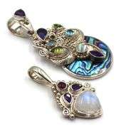 Lot of 2 925 sterling silver Sajen amethyst, abalone and blue topaz pendants