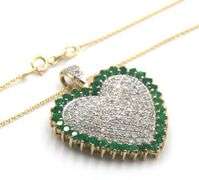 10kt Yellow gold pave diamond emerald halo heart shaped pendant on chain