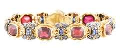 Vintage 15.0ctw Cushion Garnet and 1.30ctw Sapphire Heirloom Bracelet in 18K and Sterling
