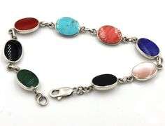 925 Sterling silver signed multi color gemstone link bracelet