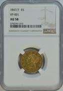 Ultra Rare Nearly BU 1847/7 No Motto $5 Liberty Gold Piece. NGC AU58