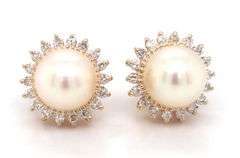 14kt Yellow gold 7.5mm Akoya pearl earrings with diamond halo