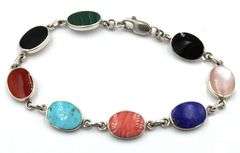 925 Sterling silver signed multi color gemstone link bracelet