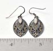 Mother of Pearl and Marcasite Gemstone Dangle Earrings in Sterling Silver