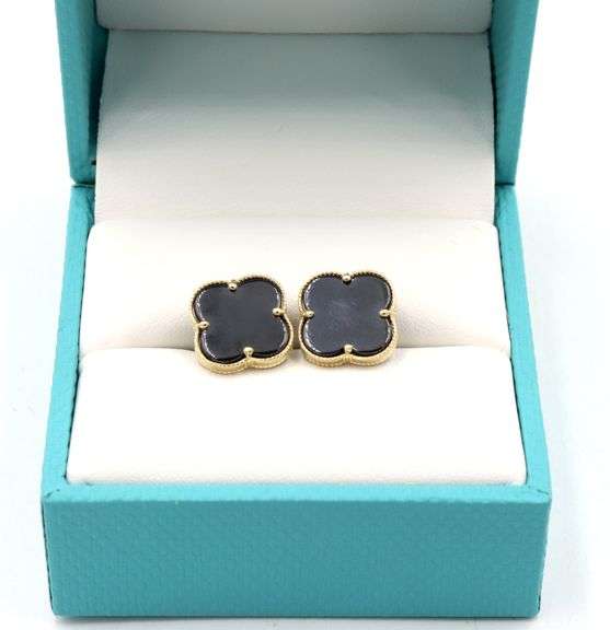Precious 14K Yellow Gold Motif Black Onyx Stud Earrings