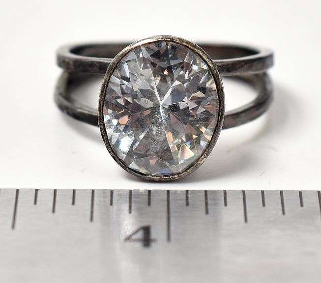 CZ Gemstone Ring with Hammer Textured Band in Sterling Silver