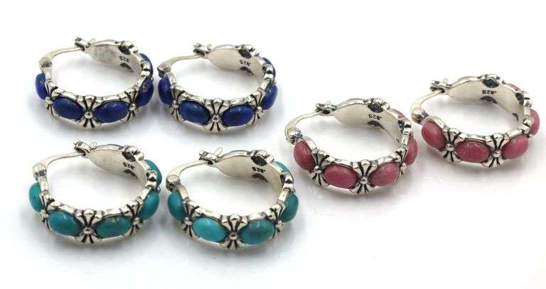 3 Pairs of 925 sterling silver gemstone hoop earrings