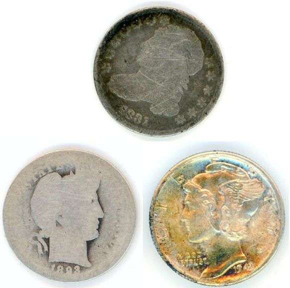 3 Different US Silver Dime Types: 1831, 1893-O, & 1943-D